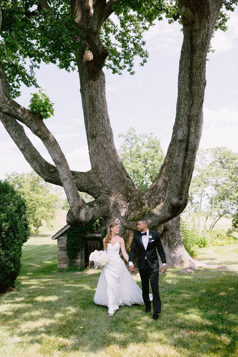 Bride and groom walking beneath a large tree