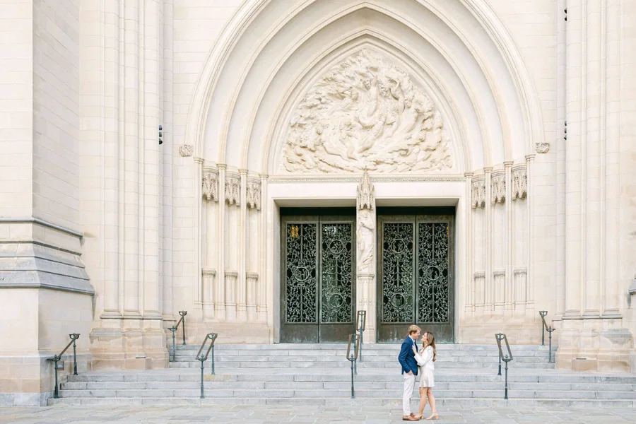 Engaged couple at Washington National Cathedral