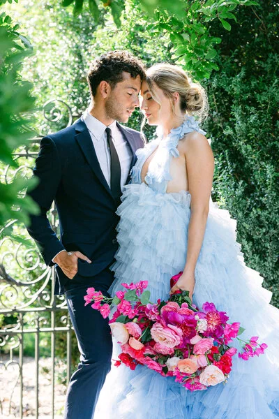 Editorial wedding portrait in a garden