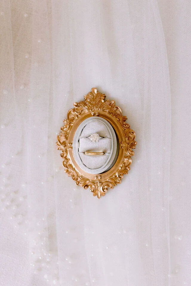 Wedding ring on white dress fabric